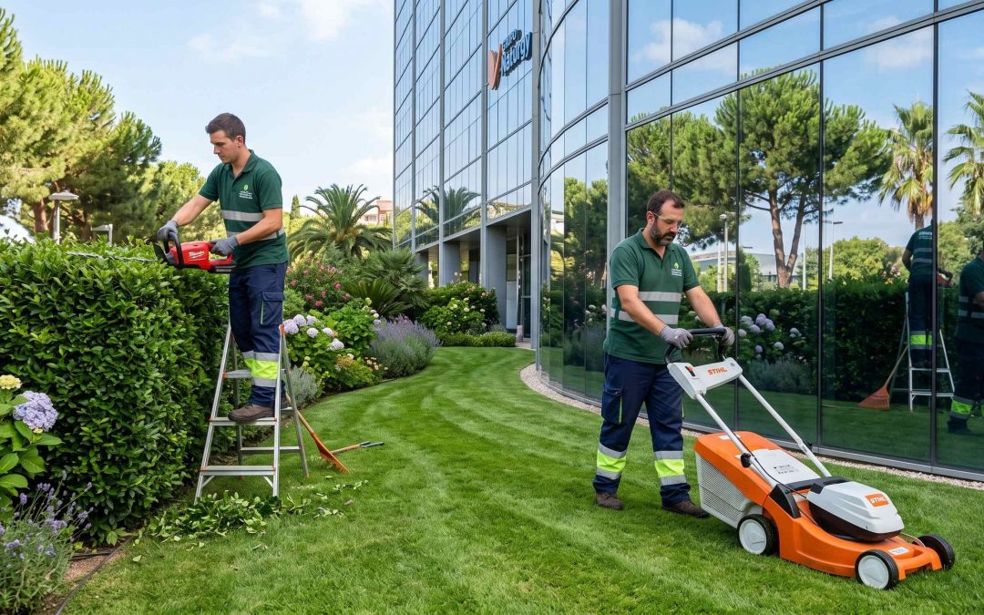 Equipo de jardineros realizando el mantenimiento del jardín de una empresa en Barcelona